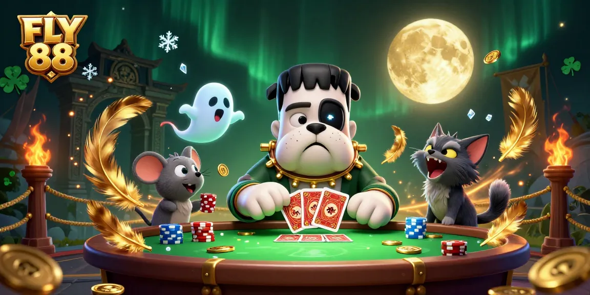 FLY 88 monsters deal cards at a casino table surrounded by ghostly ambiance and rich gambling elements.